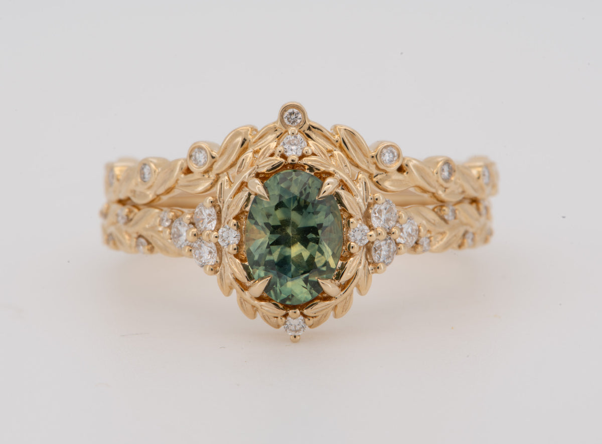14K Gold Montana Sapphire Leaf Engagement Ring Set with Matching Wedding Band