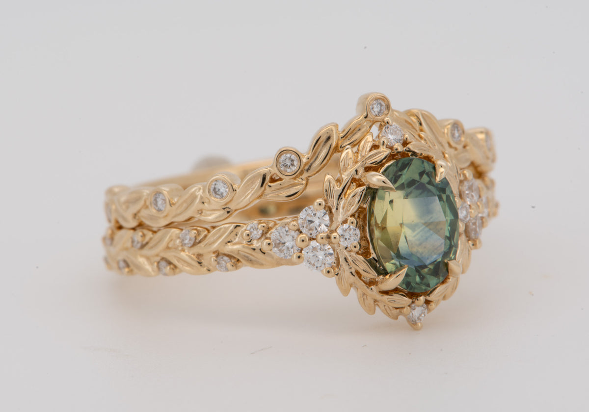 14K Gold Montana Sapphire Leaf Engagement Ring Set with Matching Wedding Band