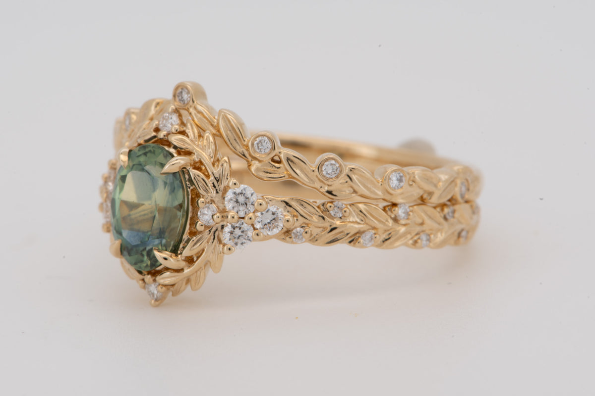 14K Gold Montana Sapphire Leaf Engagement Ring Set with Matching Wedding Band