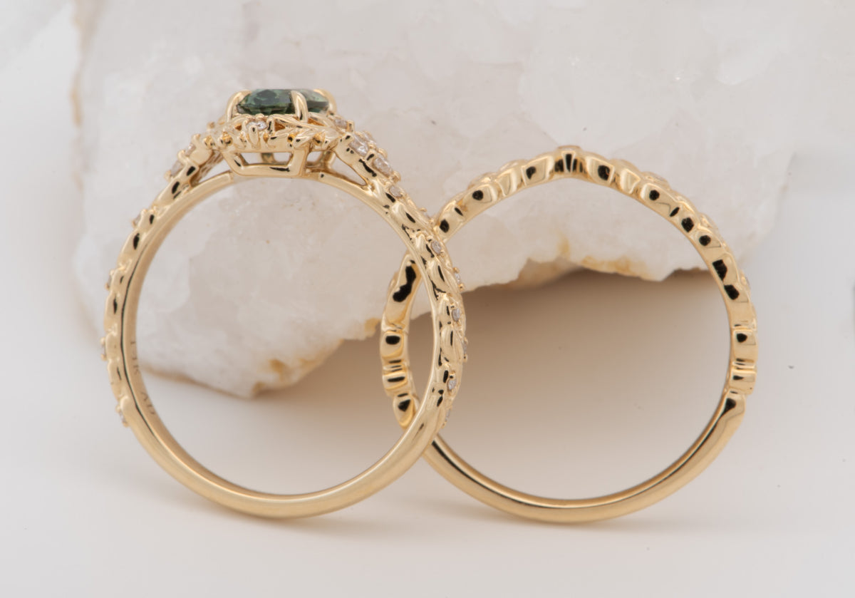 14K Gold Montana Sapphire Leaf Engagement Ring Set with Matching Wedding Band