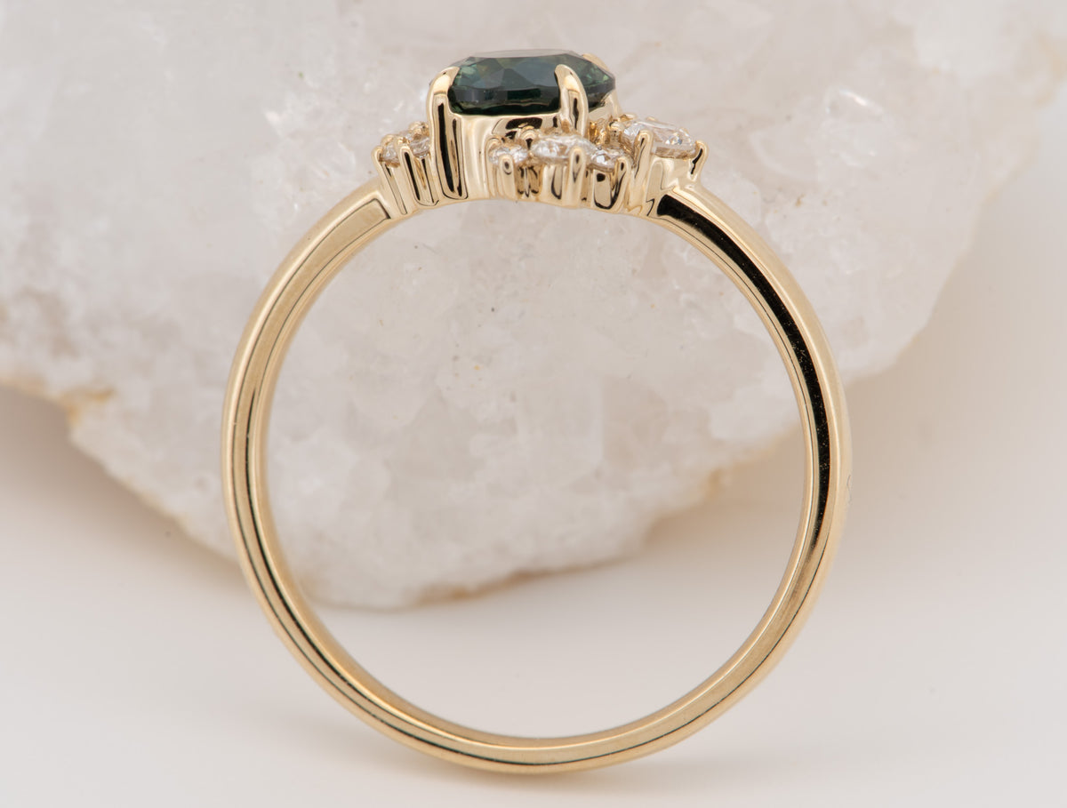 14K Gold Teal Blue Montana Sapphire with Diamond Cluster Engagement Ring R6823