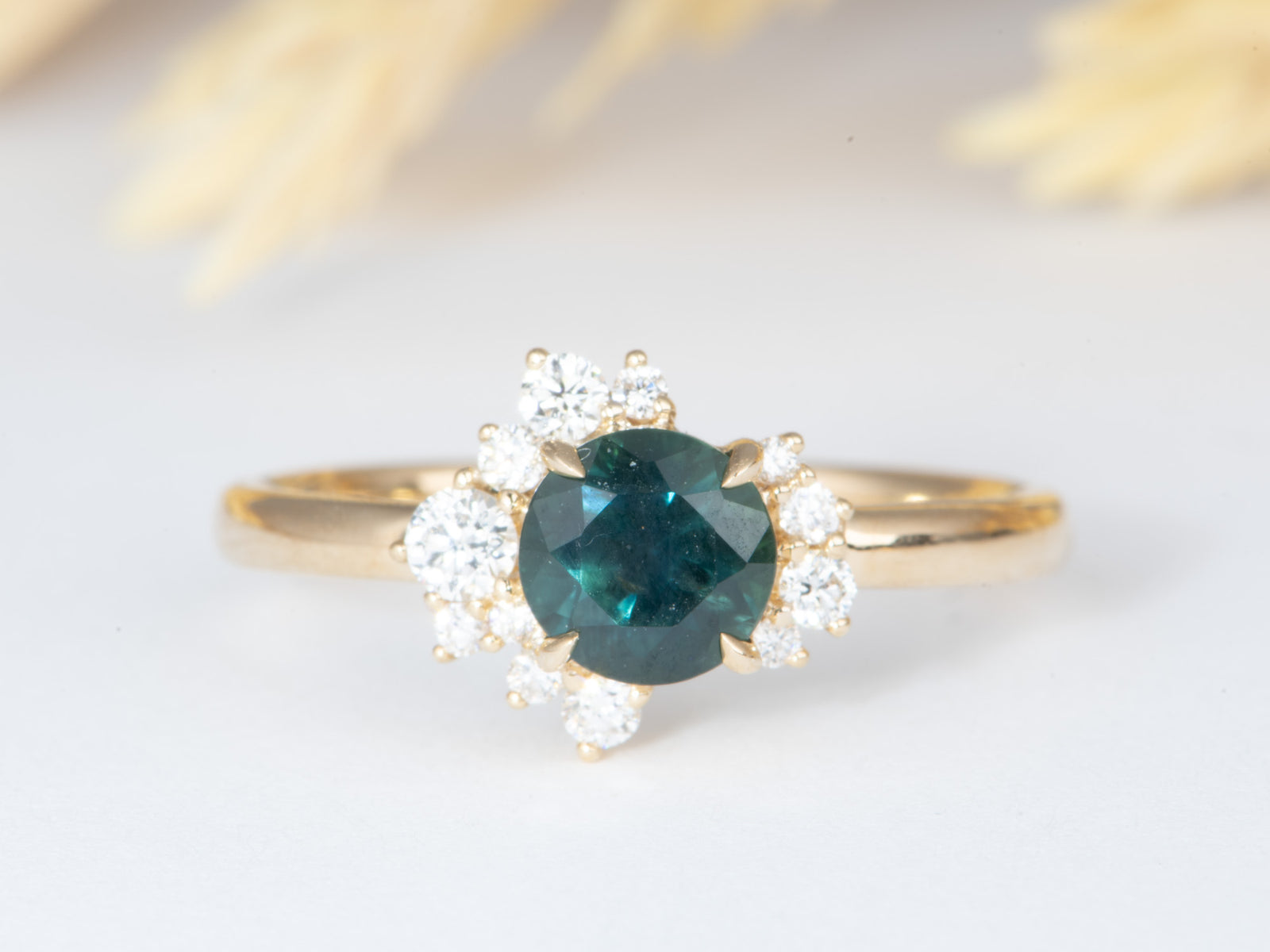 14K Gold Teal Blue Montana Sapphire with Diamond Cluster Engagement Ring R6823