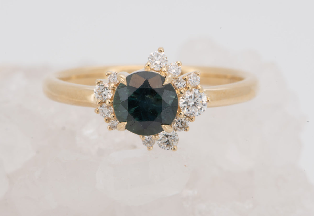 14K Gold Teal Blue Montana Sapphire with Diamond Cluster Engagement Ring R6823