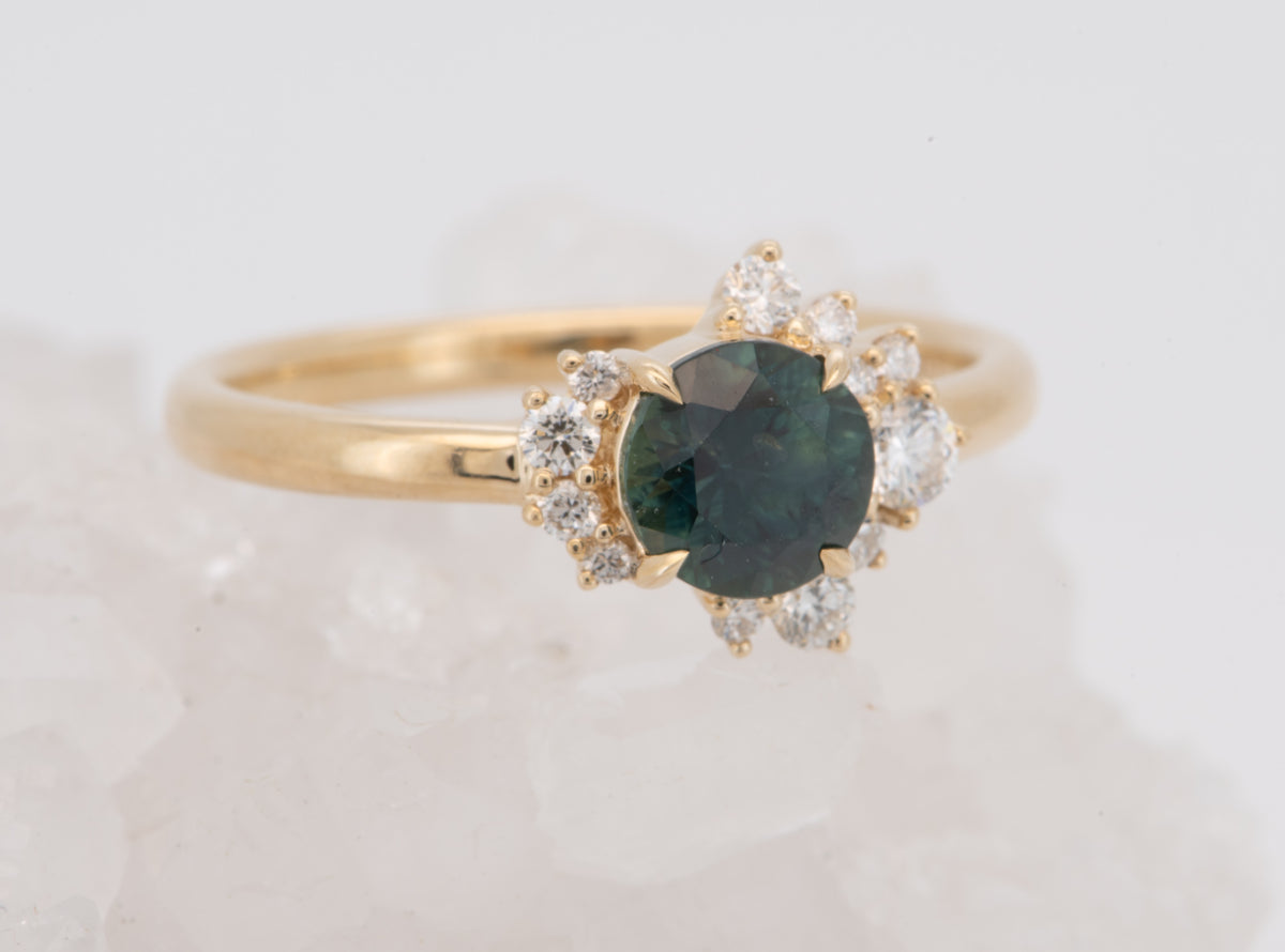 14K Gold Teal Blue Montana Sapphire with Diamond Cluster Engagement Ring R6823