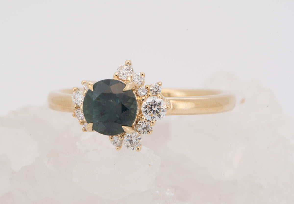 14K Gold Teal Blue Montana Sapphire with Diamond Cluster Engagement Ring R6823