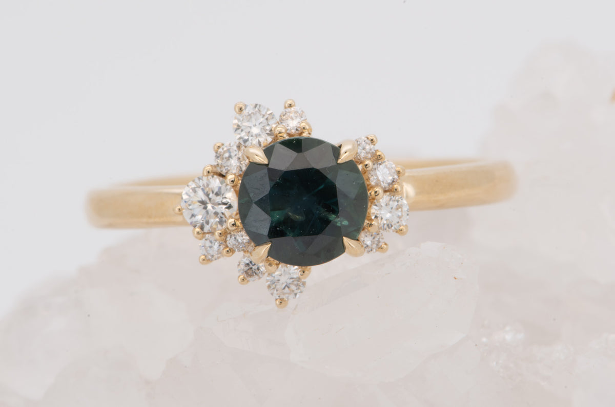 14K Gold Teal Blue Montana Sapphire with Diamond Cluster Engagement Ring R6823
