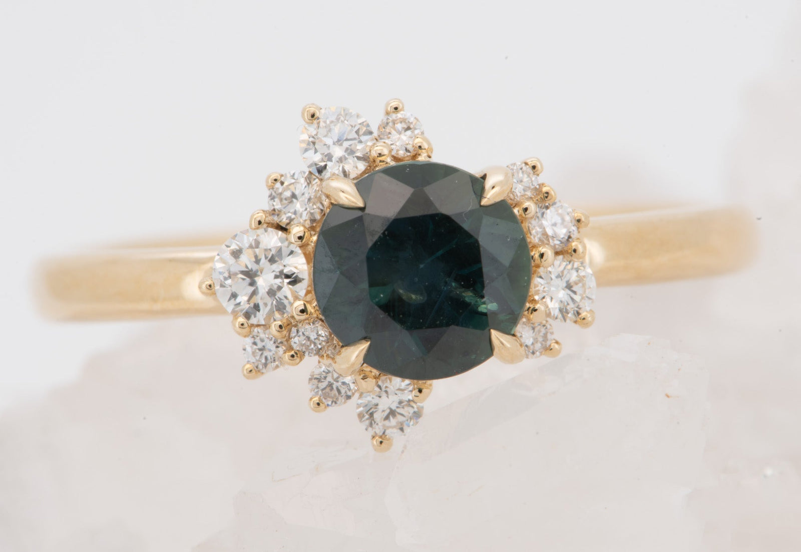 14K Gold Teal Blue Montana Sapphire with Diamond Cluster Engagement Ring R6823