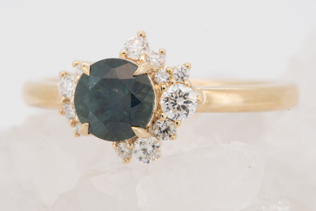 14K Gold Teal Blue Montana Sapphire with Diamond Cluster Engagement Ring R6823