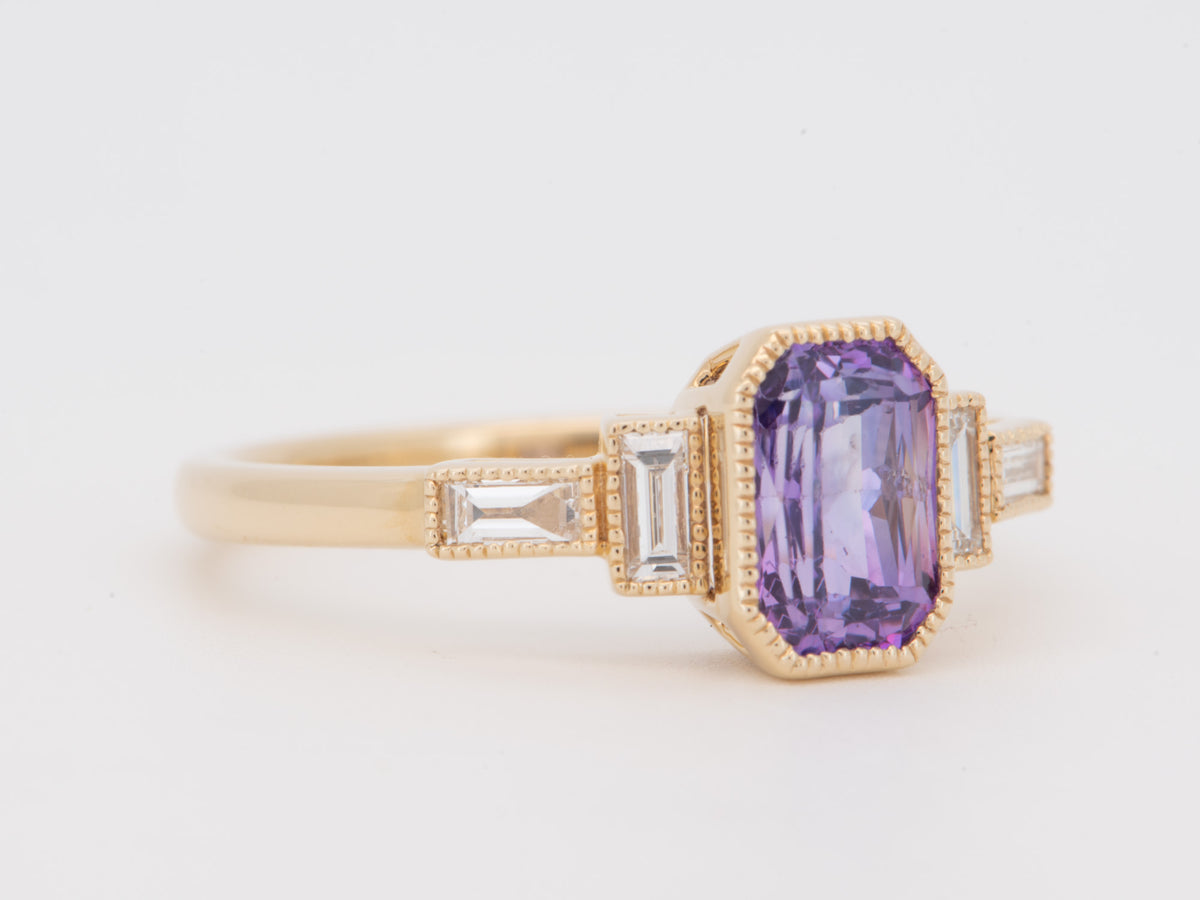 14K Gold 1.86ct Sapphire and Baguette Diamond Sides Engagement Ring Rare Violet Lavender Color Natural Earth-Mined Gemstone R6825