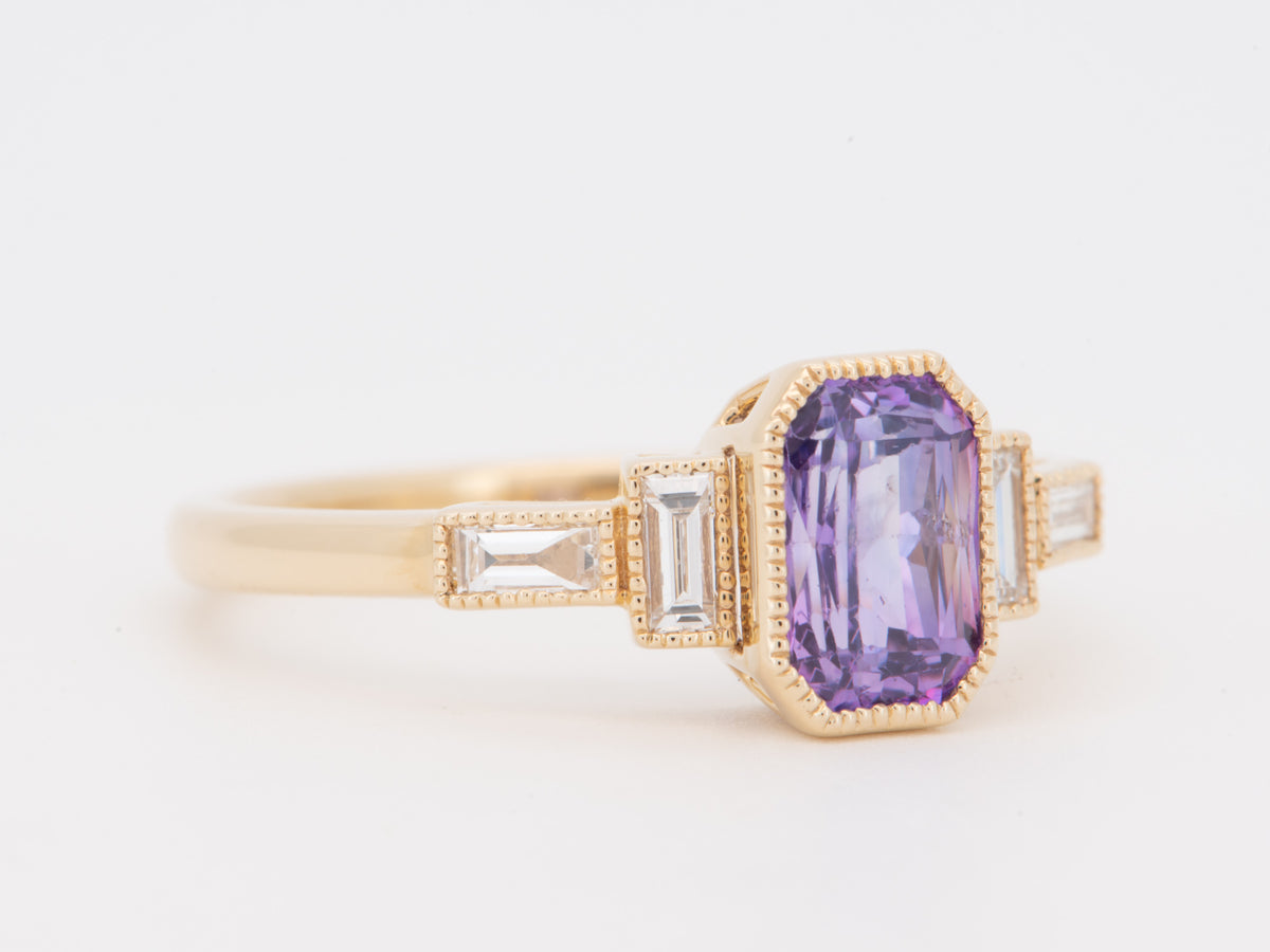 14K Gold 1.86ct Sapphire and Baguette Diamond Sides Engagement Ring Rare Violet Lavender Color Natural Earth-Mined Gemstone R6825