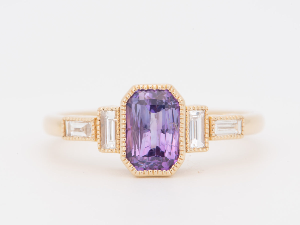 14K Gold 1.86ct Sapphire and Baguette Diamond Sides Engagement Ring Rare Violet Lavender Color Natural Earth-Mined Gemstone R6825