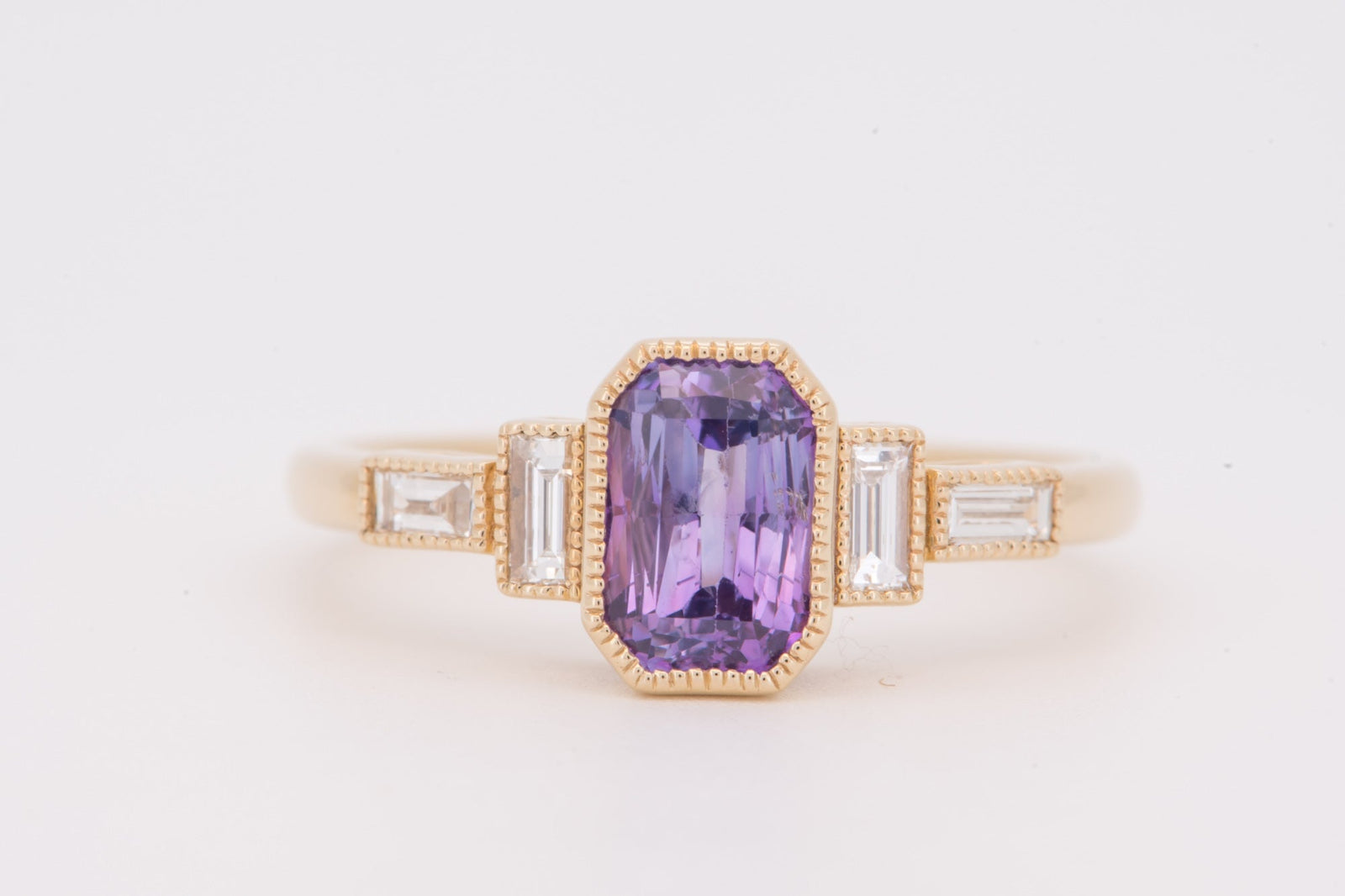 14K Gold 1.86ct Sapphire and Baguette Diamond Sides Engagement Ring Rare Violet Lavender Color Natural Earth-Mined Gemstone R6825