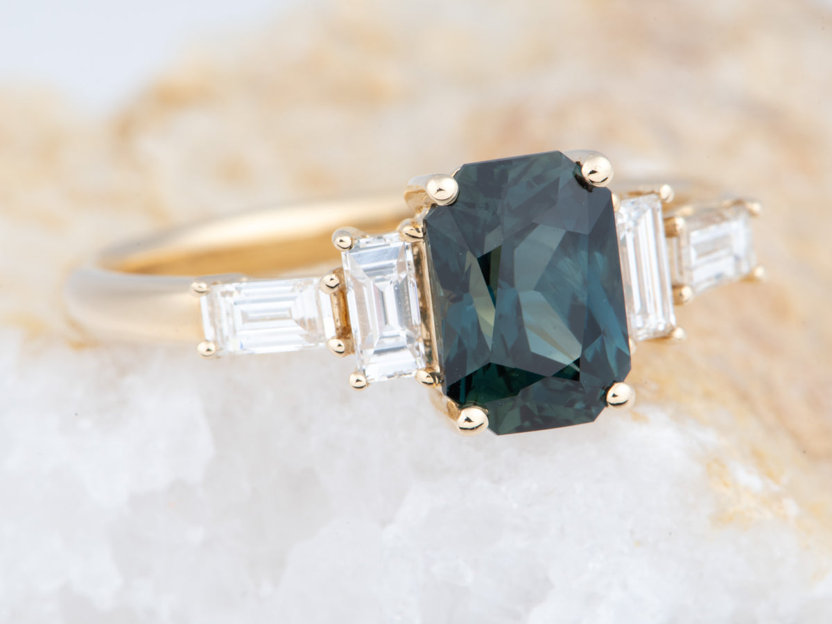 14K Gold 1.82ct Teal Sapphire and Natural Diamond Sides Engagement Ring R6827