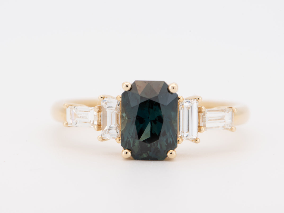 14K Gold 1.82ct Teal Sapphire and Natural Diamond Sides Engagement Ring R6827