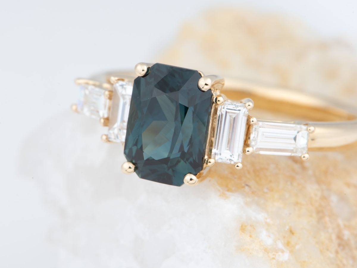 14K Gold 1.82ct Teal Sapphire and Natural Diamond Sides Engagement Ring R6827