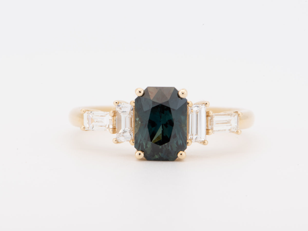 14K Gold 1.82ct Teal Sapphire and Natural Diamond Sides Engagement Ring R6827