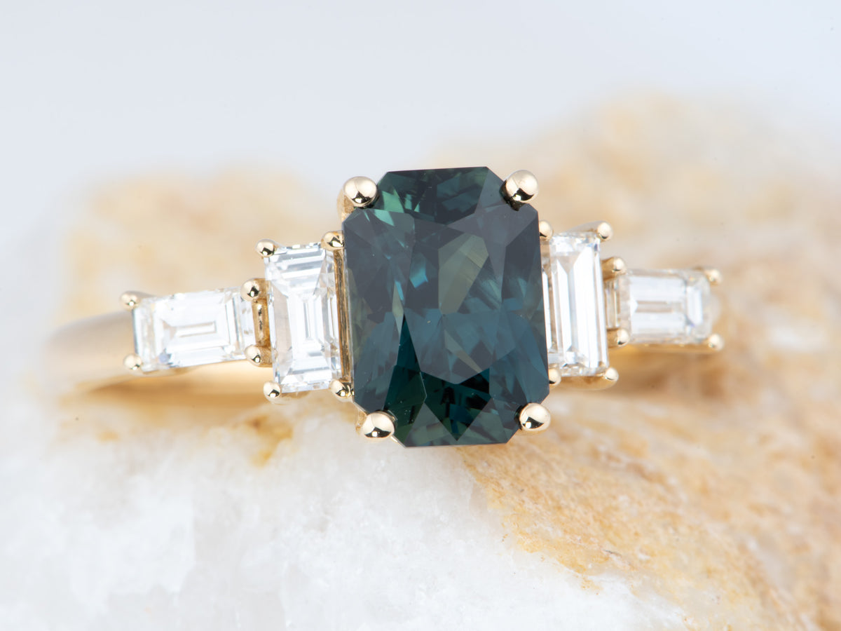 14K Gold 1.82ct Teal Sapphire and Natural Diamond Sides Engagement Ring R6827