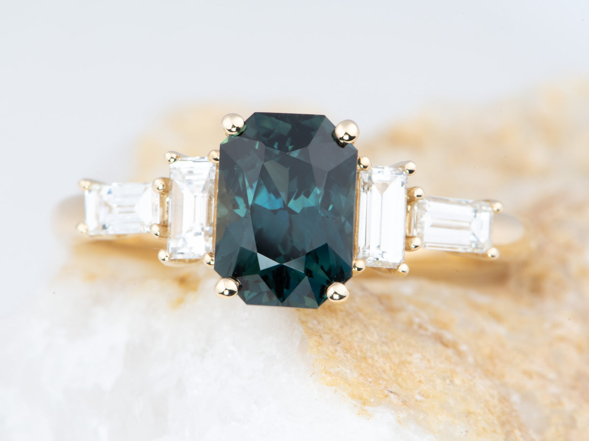 14K Gold 1.82ct Teal Sapphire and Natural Diamond Sides Engagement Ring R6827