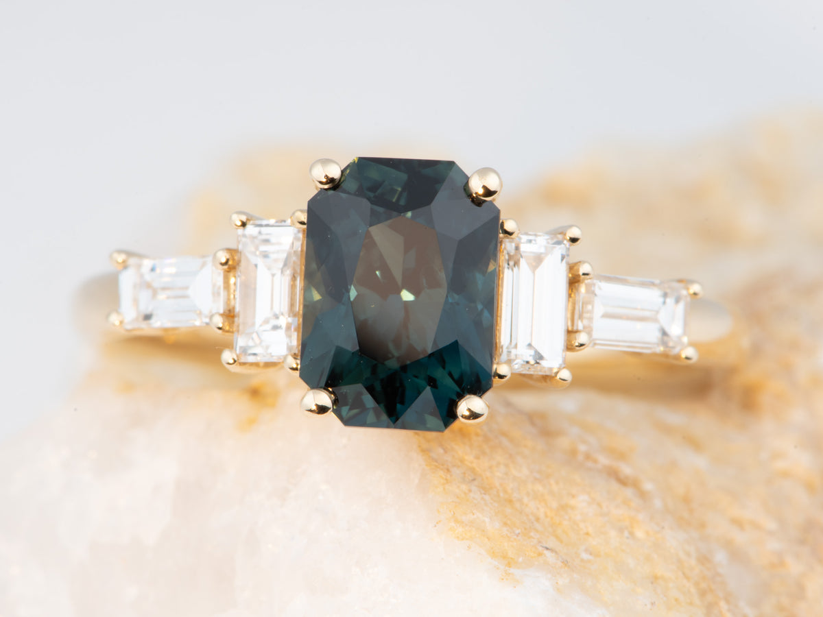 14K Gold 1.82ct Teal Sapphire and Natural Diamond Sides Engagement Ring R6827