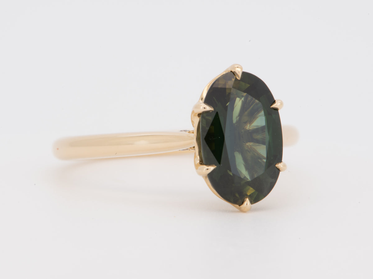 14K Gold 2.72ct Elongated Oval Teal Sapphire Engagement Ring Six Prongs Tulip Basket Hidden Diamond Halo R6828