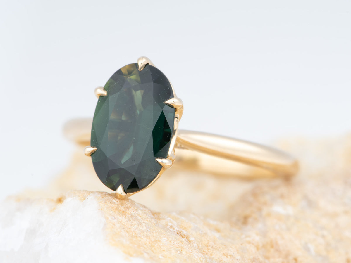 14K Gold 2.72ct Elongated Oval Teal Sapphire Engagement Ring Six Prongs Tulip Basket Hidden Diamond Halo R6828