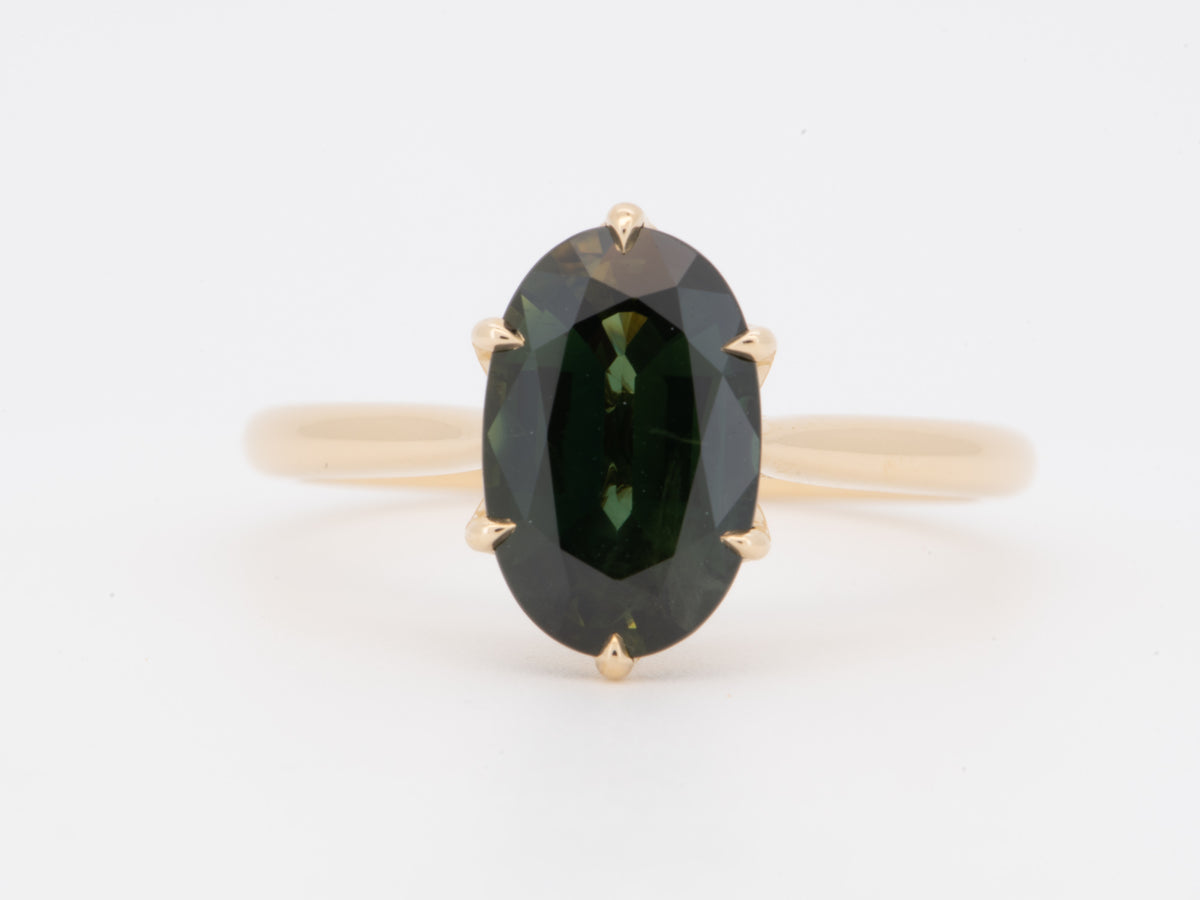 14K Gold 2.72ct Elongated Oval Teal Sapphire Engagement Ring Six Prongs Tulip Basket Hidden Diamond Halo R6828