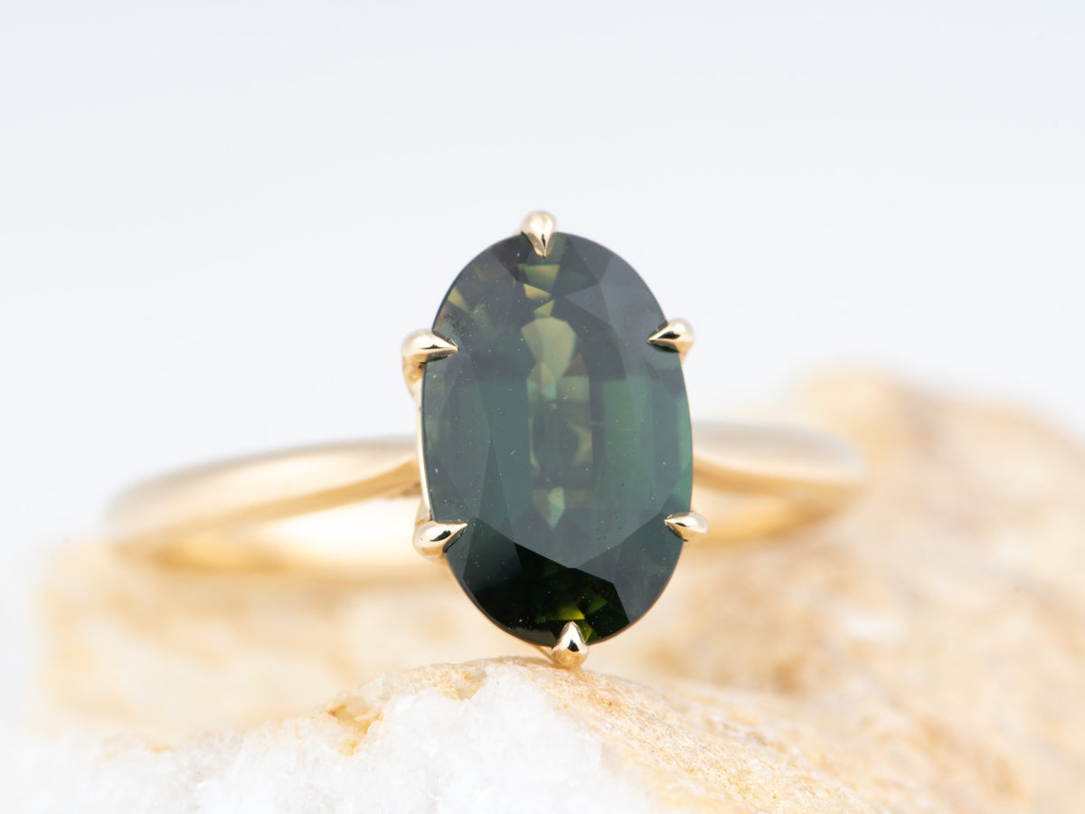 14K Gold 2.72ct Elongated Oval Teal Sapphire Engagement Ring Six Prongs Tulip Basket Hidden Diamond Halo R6828