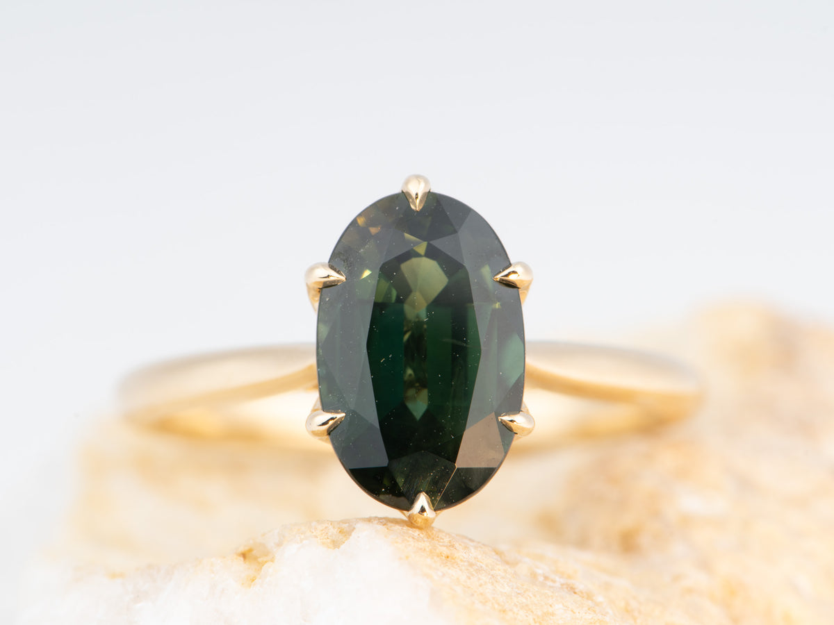 14K Gold 2.72ct Elongated Oval Teal Sapphire Engagement Ring Six Prongs Tulip Basket Hidden Diamond Halo R6828