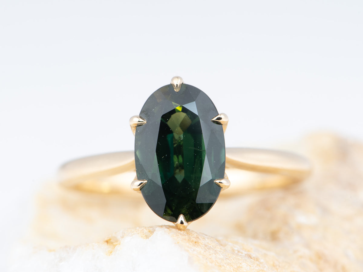 14K Gold 2.72ct Elongated Oval Teal Sapphire Engagement Ring Six Prongs Tulip Basket Hidden Diamond Halo R6828