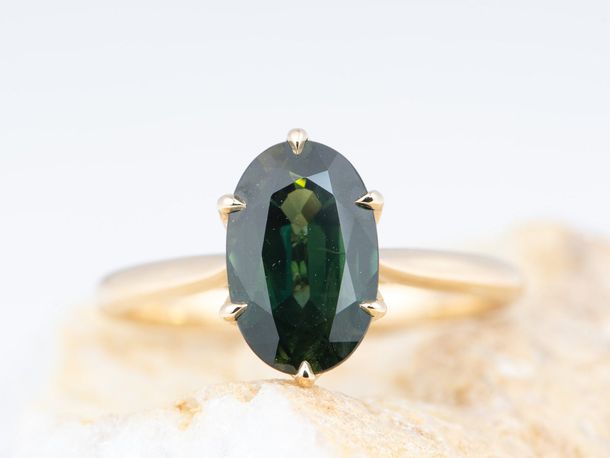 14K Gold 2.72ct Elongated Oval Teal Sapphire Engagement Ring Six Prongs Tulip Basket Hidden Diamond Halo R6828 Aurora Designer