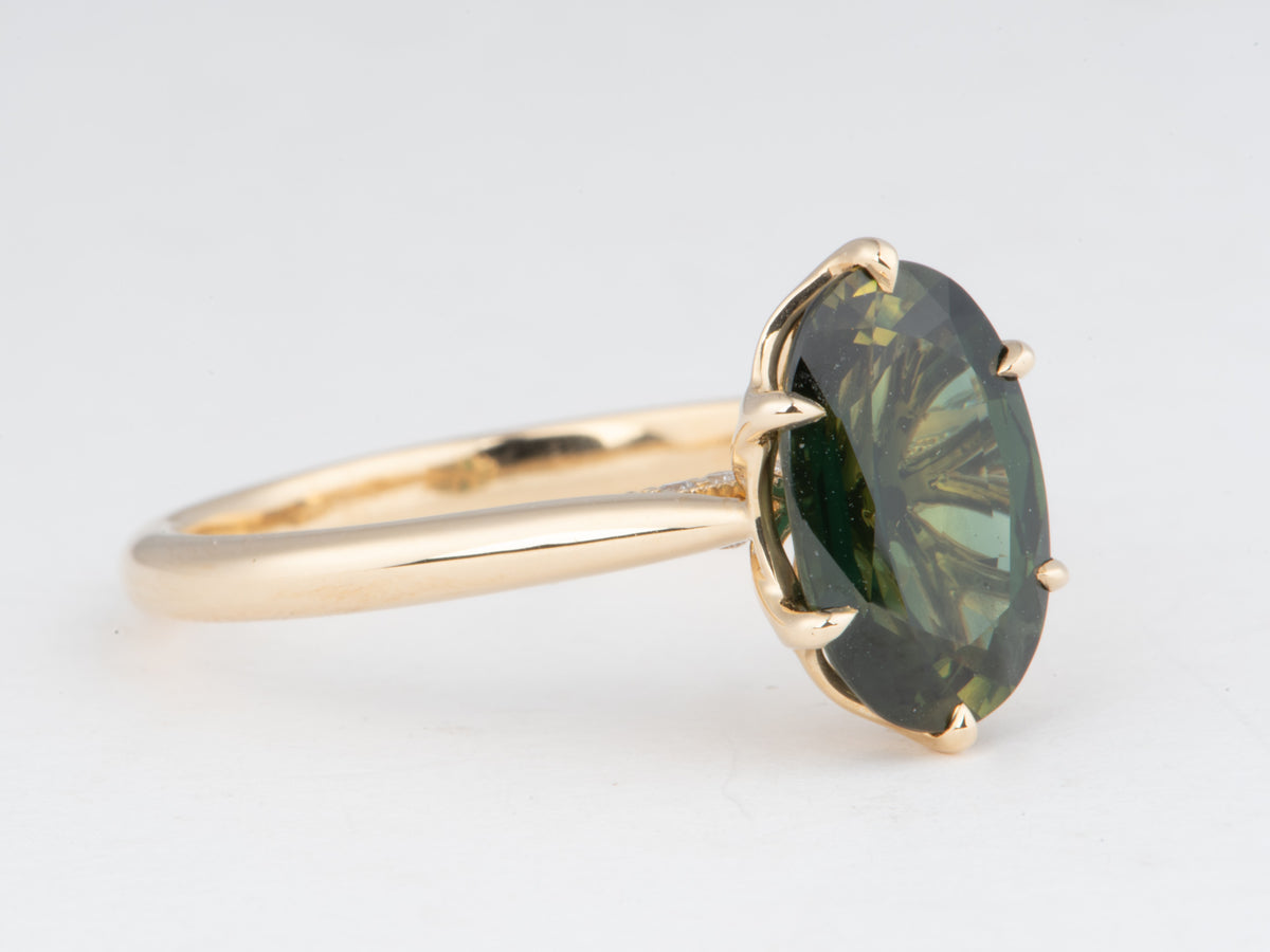 14K Gold 2.72ct Elongated Oval Teal Sapphire Engagement Ring Six Prongs Tulip Basket Hidden Diamond Halo R6828