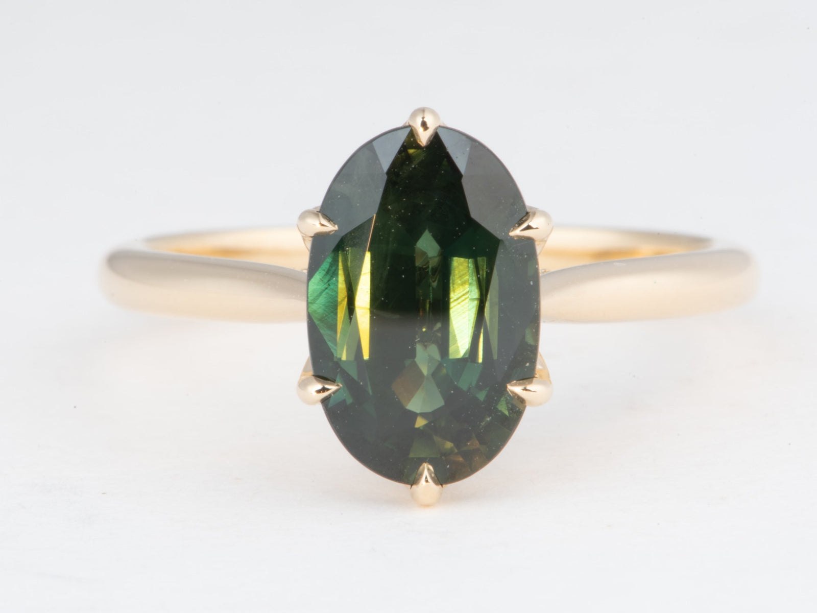 14K Gold 2.72ct Elongated Oval Teal Sapphire Engagement Ring Six Prongs Tulip Basket Hidden Diamond Halo R6828 Aurora Designer