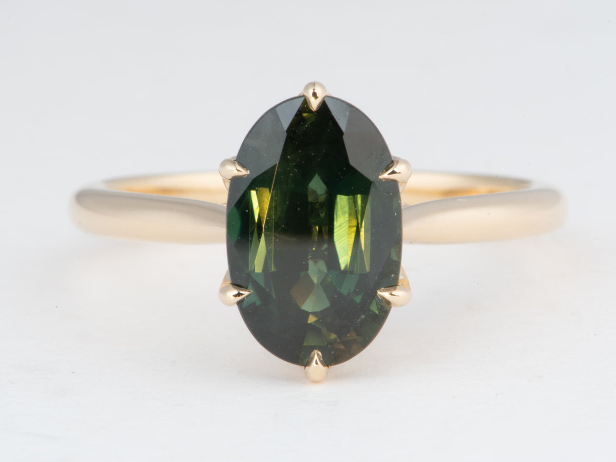 14K Gold 2.72ct Elongated Oval Teal Sapphire Engagement Ring Six Prongs Tulip Basket Hidden Diamond Halo R6828