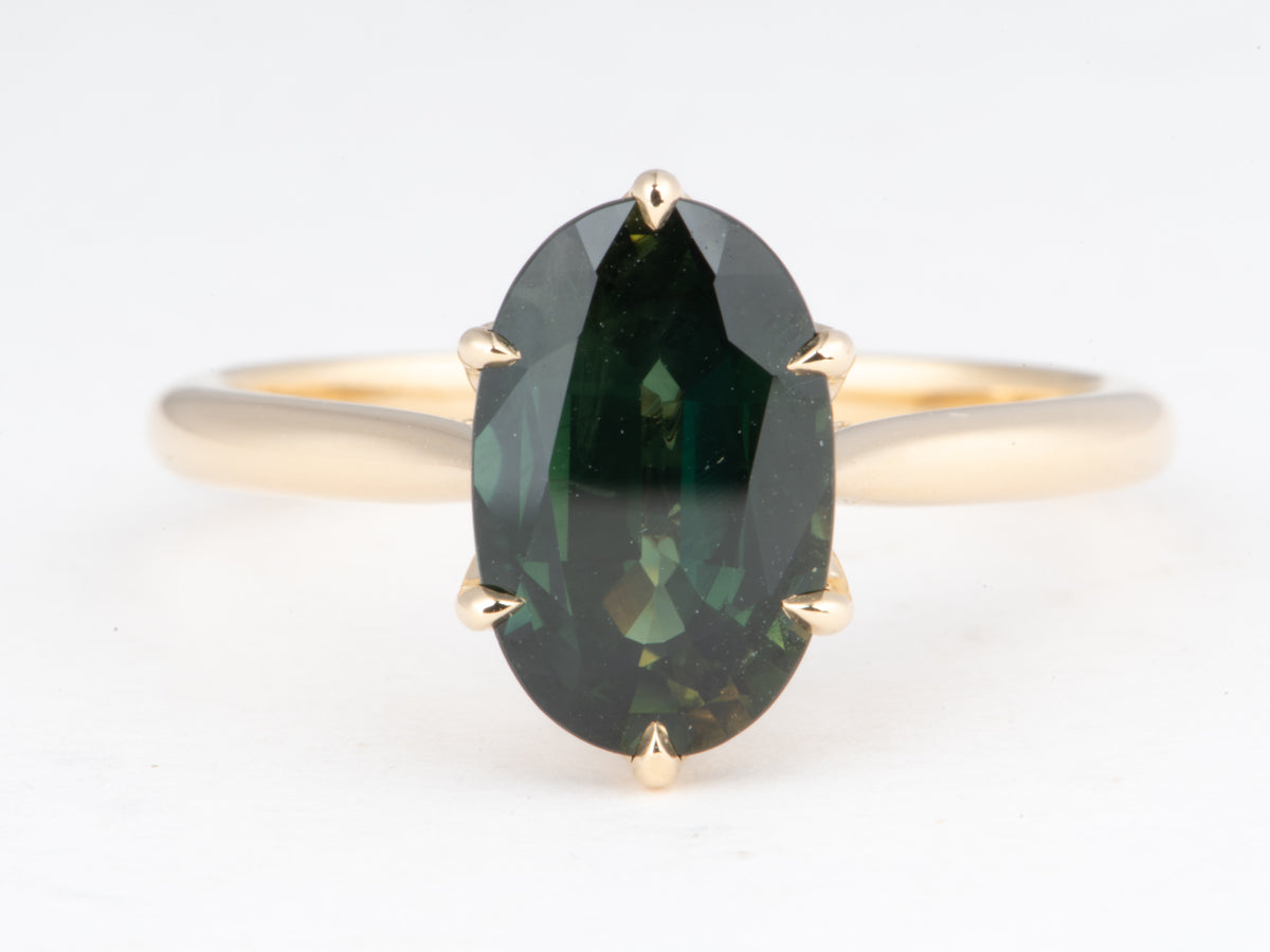 14K Gold 2.72ct Elongated Oval Teal Sapphire Engagement Ring Six Prongs Tulip Basket Hidden Diamond Halo R6828