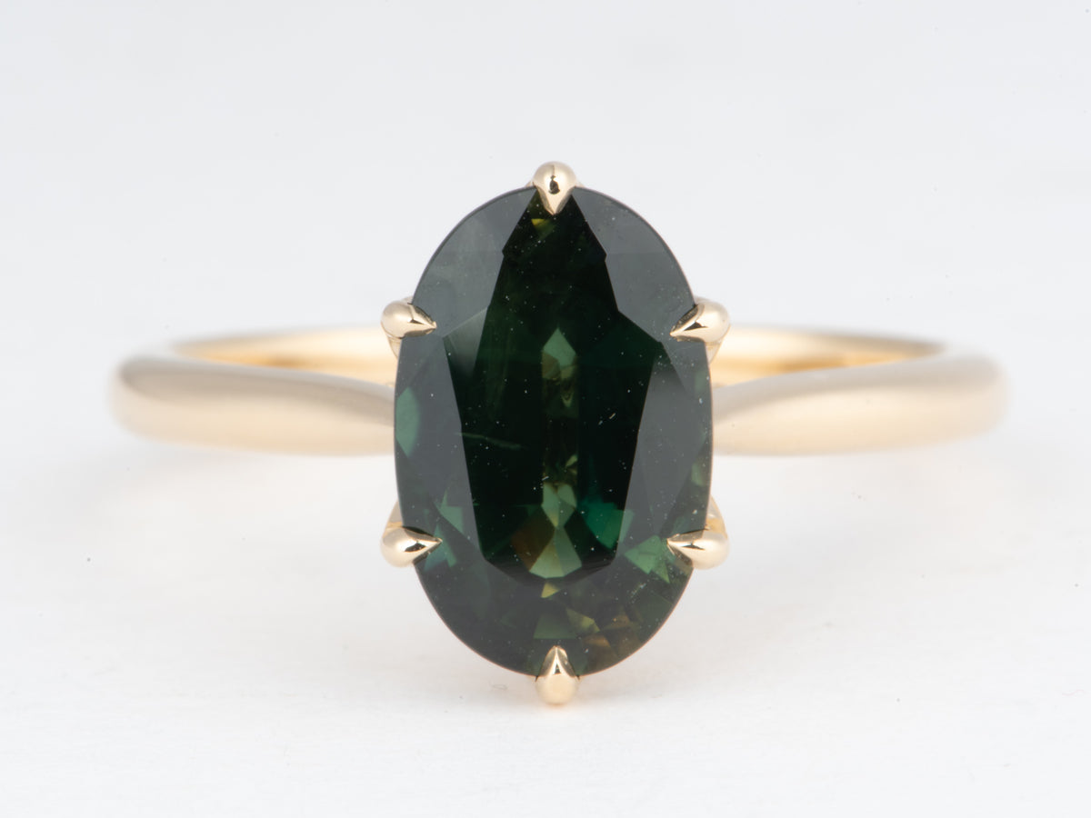 14K Gold 2.72ct Elongated Oval Teal Sapphire Engagement Ring Six Prongs Tulip Basket Hidden Diamond Halo R6828