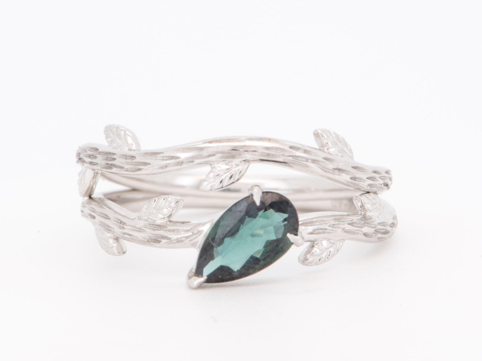 14K White Gold Teal Blue Nigerian Sapphire Engagement Ring Set with Wedding Band Textured Leaf Leaves Design Nature Inspired R6838 Aurora Designer