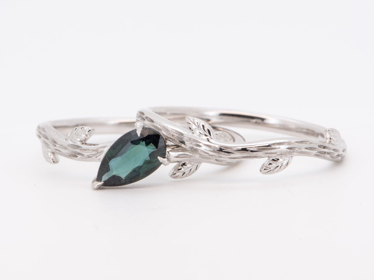 14K White Gold Teal Blue Nigerian Sapphire Engagement Ring Set with Wedding Band Textured Leaf Leaves Design Nature Inspired R6838 Aurora Designer