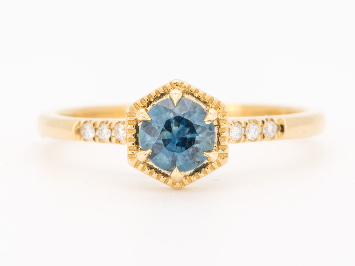 14K Gold Montana Sapphire in Hexagon Setting Engagement Ring with Diamond Pave Band R6843 Aurora Designer