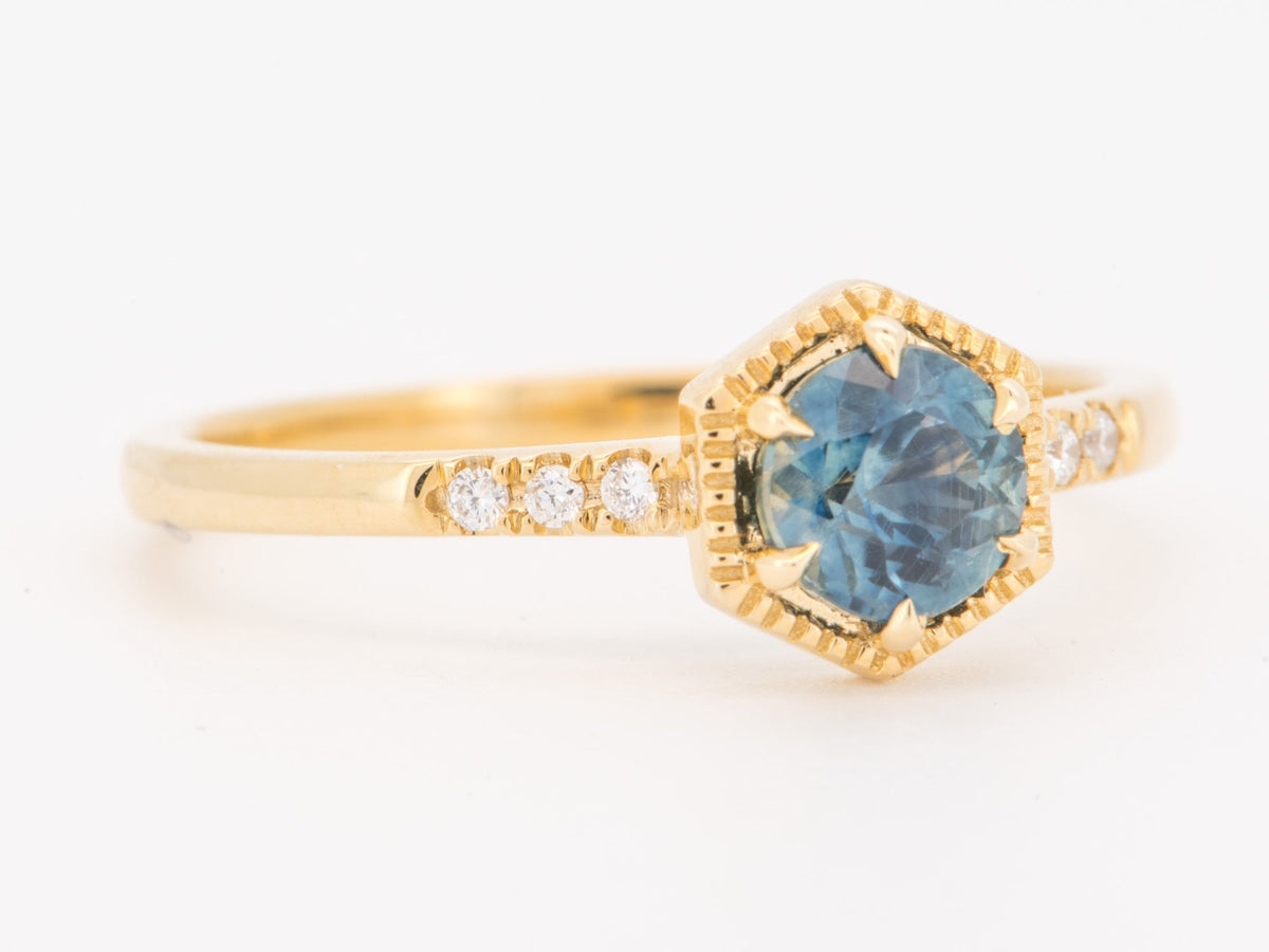 14K Gold Montana Sapphire in Hexagon Setting Engagement Ring with Diamond Pave Band R6843 Aurora Designer