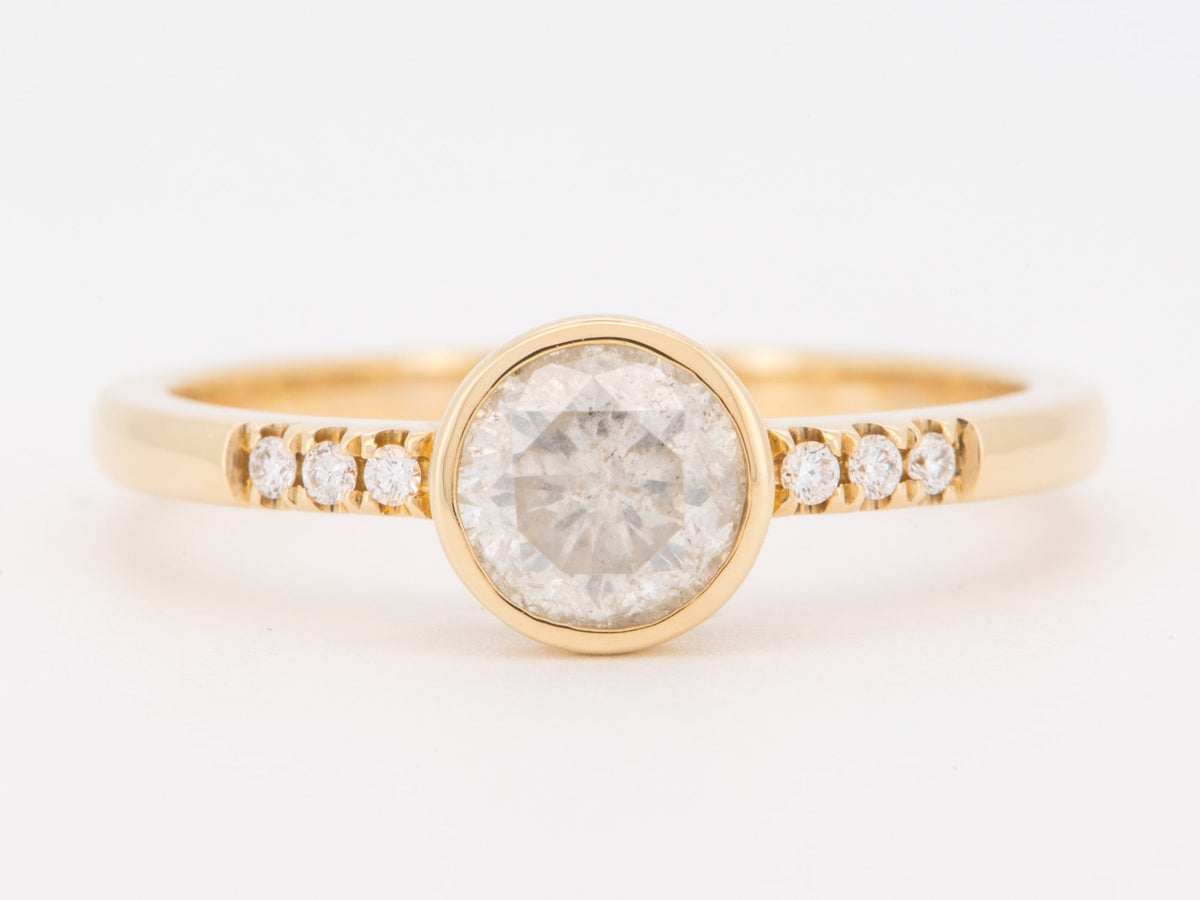 14K Gold Milky Natural Diamond Bezel Set Engagement Ring with Pave Band R6844 Aurora Designer