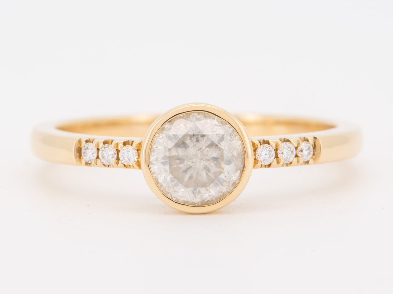 14K Gold Milky Natural Diamond Bezel Set Engagement Ring with Pave Band R6844 Aurora Designer