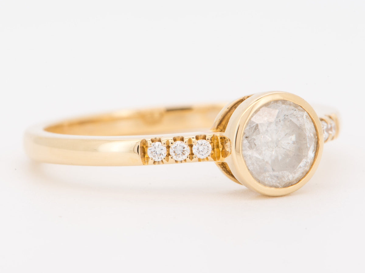 14K Gold Milky Natural Diamond Bezel Set Engagement Ring with Pave Band R6844 Aurora Designer