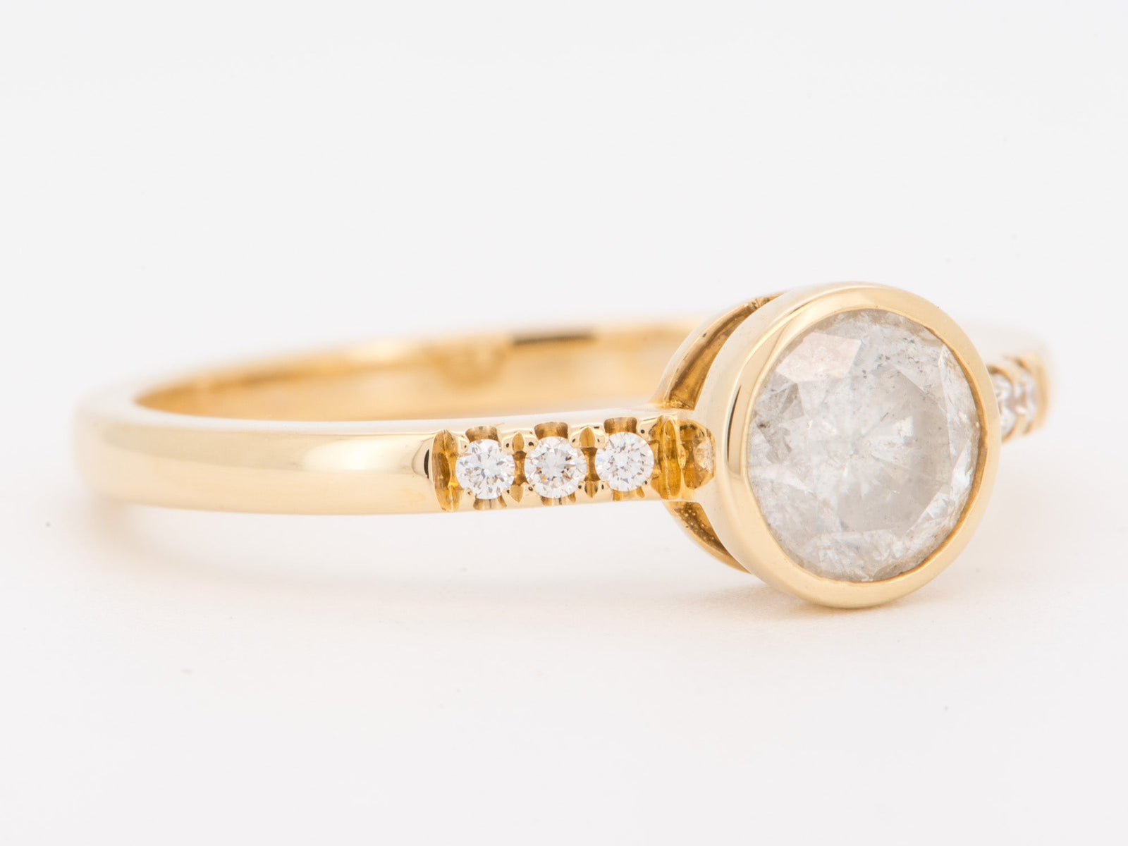 14K Gold Milky Natural Diamond Bezel Set Engagement Ring with Pave Band R6844 Aurora Designer