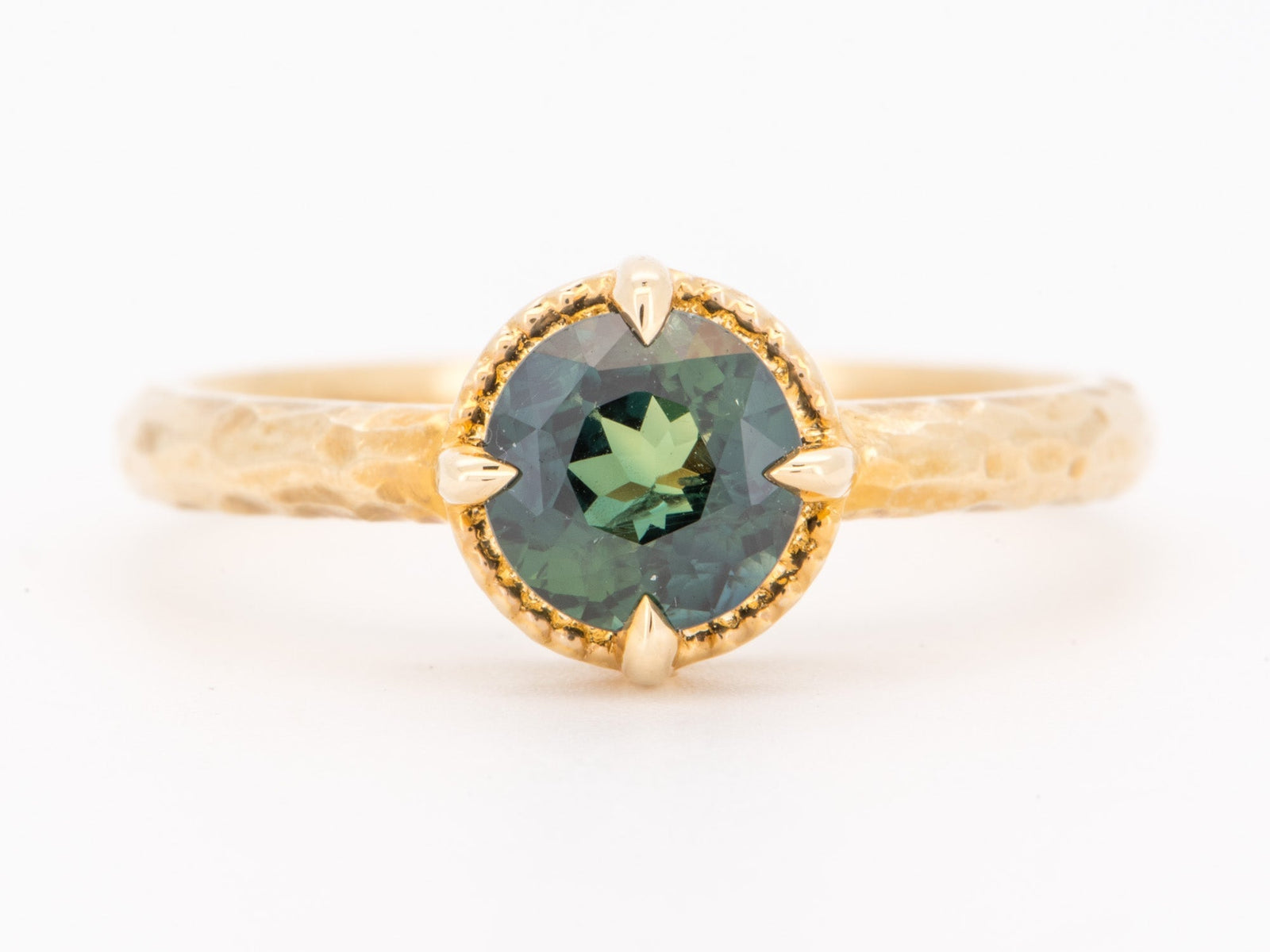 14K Gold 1.29ct Teal Sapphire Engagement Ring with Milgrain Halo and Hammered Band R6845 Aurora Designer