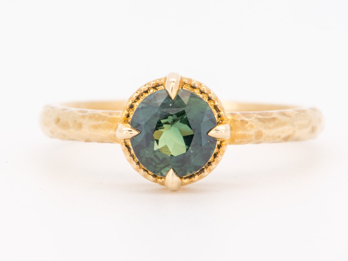 14K Gold 1.29ct Teal Sapphire Engagement Ring with Milgrain Halo and Hammered Band R6845 Aurora Designer