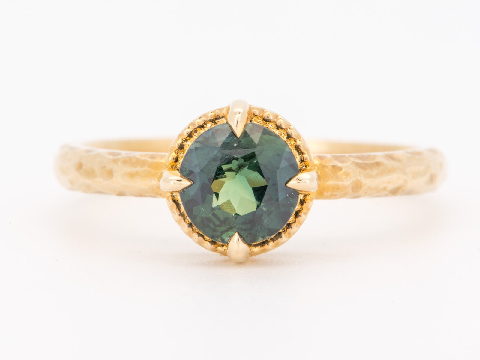 14K Gold 1.29ct Teal Sapphire Engagement Ring with Milgrain Halo and Hammered Band R6845 Aurora Designer