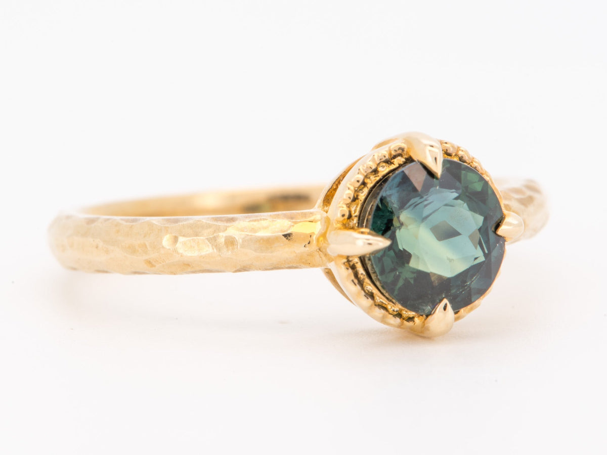 14K Gold 1.29ct Teal Sapphire Engagement Ring with Milgrain Halo and Hammered Band R6845 Aurora Designer