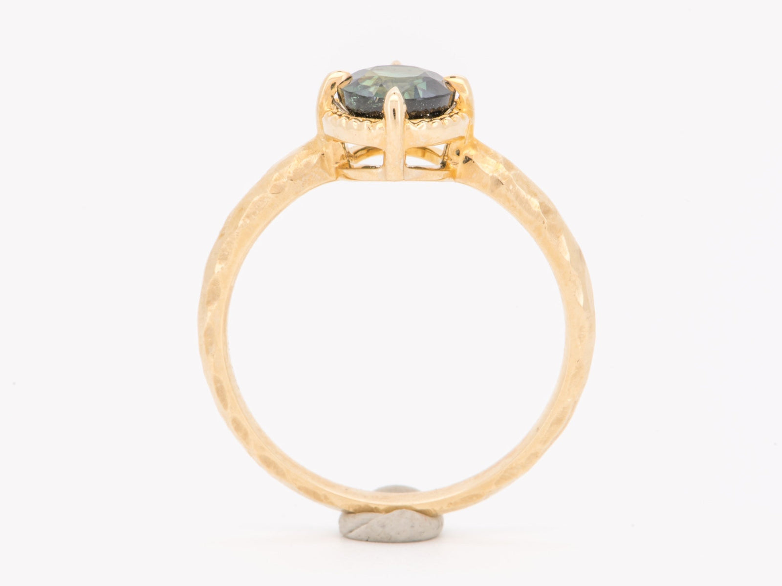 14K Gold 1.29ct Teal Sapphire Engagement Ring with Milgrain Halo and Hammered Band R6845 Aurora Designer