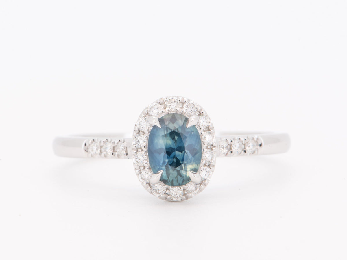 14K White Gold Montana Sapphire with Diamond Halo Engagement Ring Teal Blue Natural Gemstone R6846 Aurora Designer