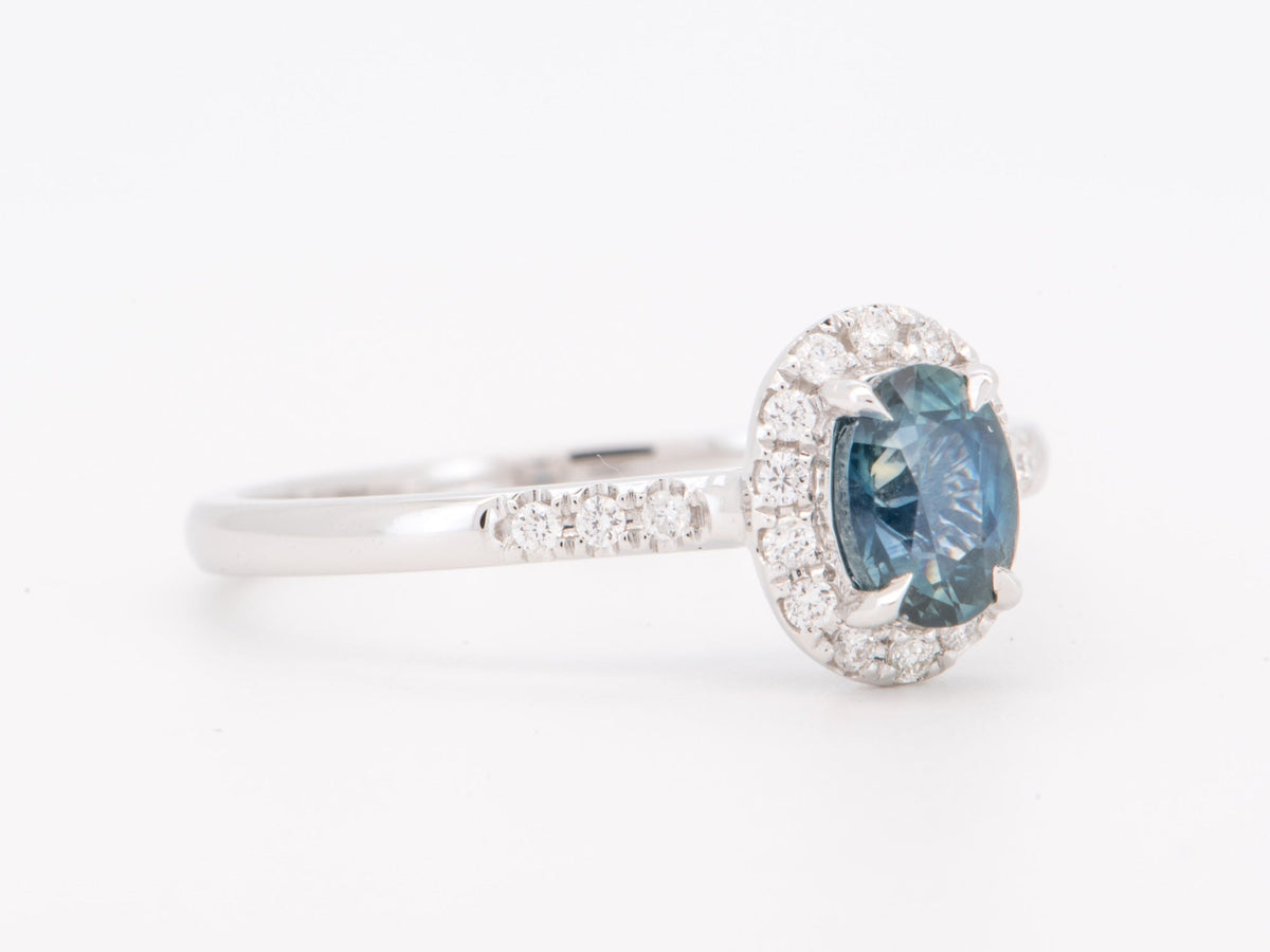 14K White Gold Montana Sapphire with Diamond Halo Engagement Ring Teal Blue Natural Gemstone R6846 Aurora Designer